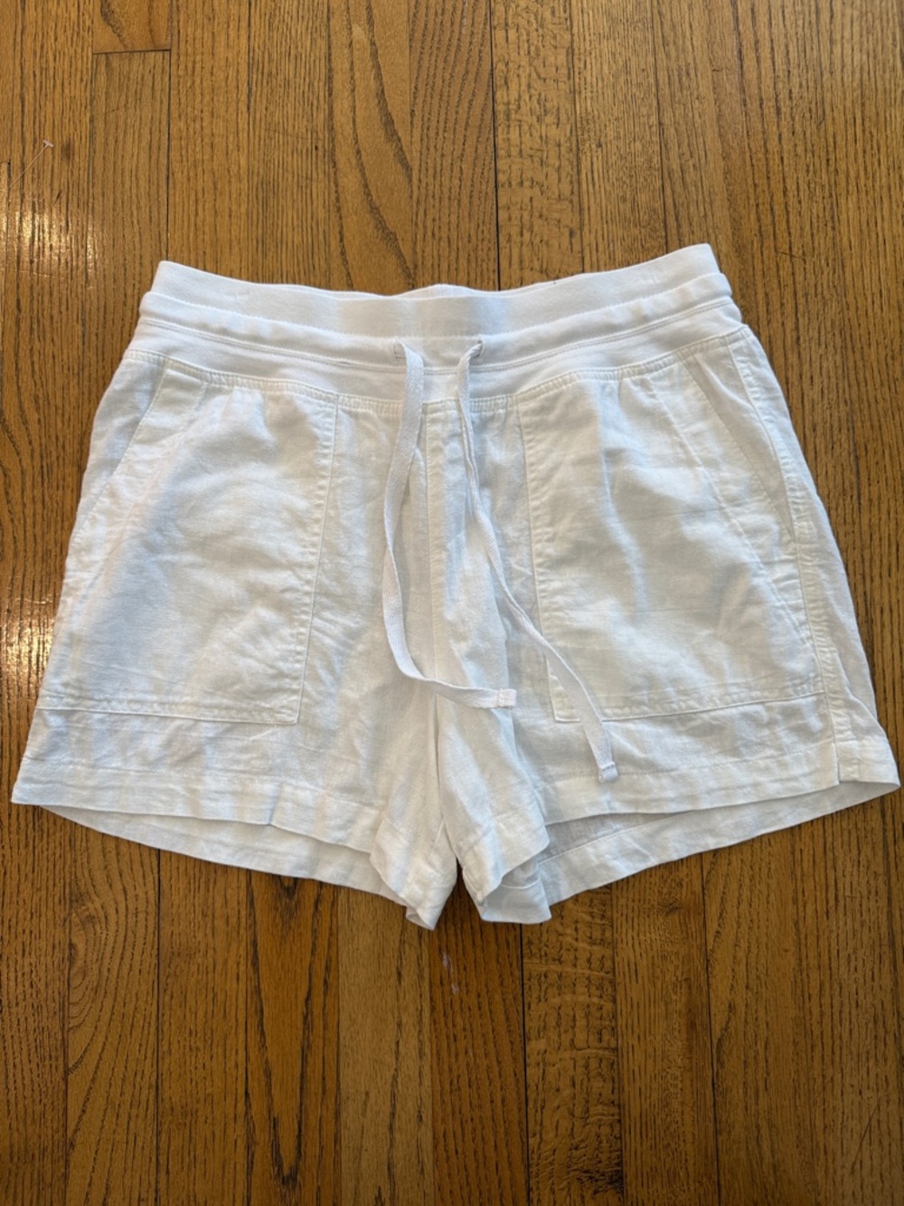 White Linen Blend Drawstring Shorts Front Pocket Summer Shorts Medium